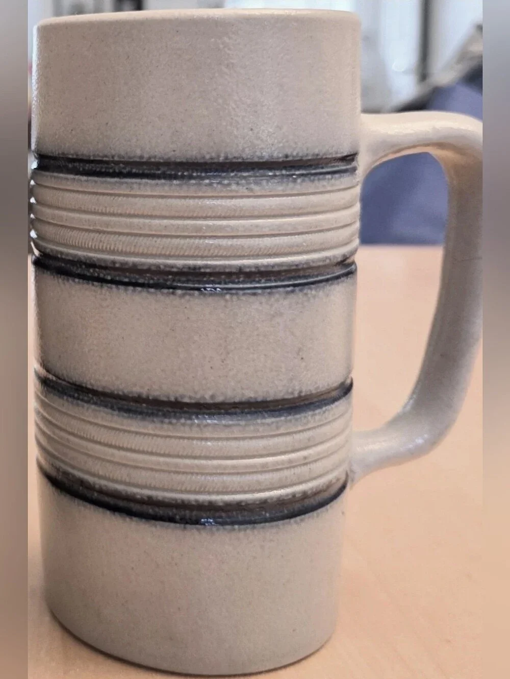 POTTERY Beer Stein Coffee Tea Mug Cup Blue Line SALT GLAZE.